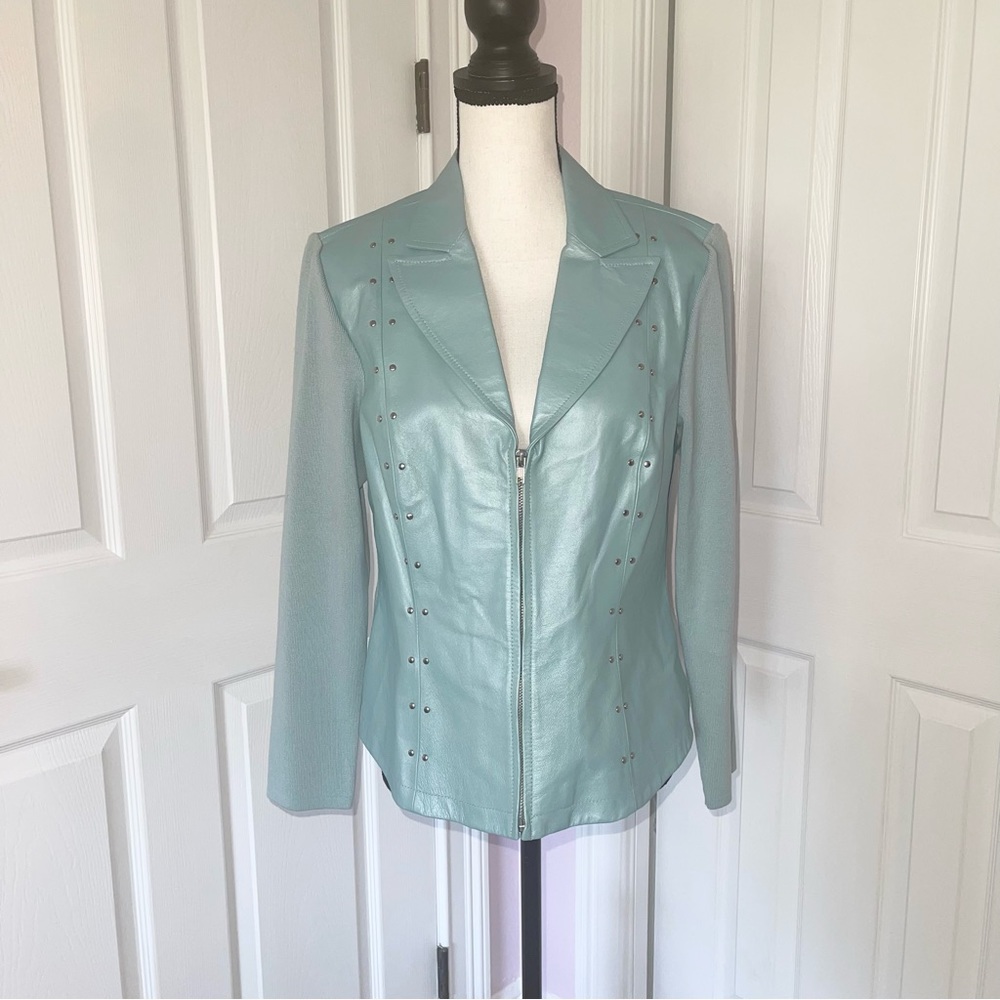 Vintage Nvcard Collection light aqua long sleeve blazer jacket w/stud details MP